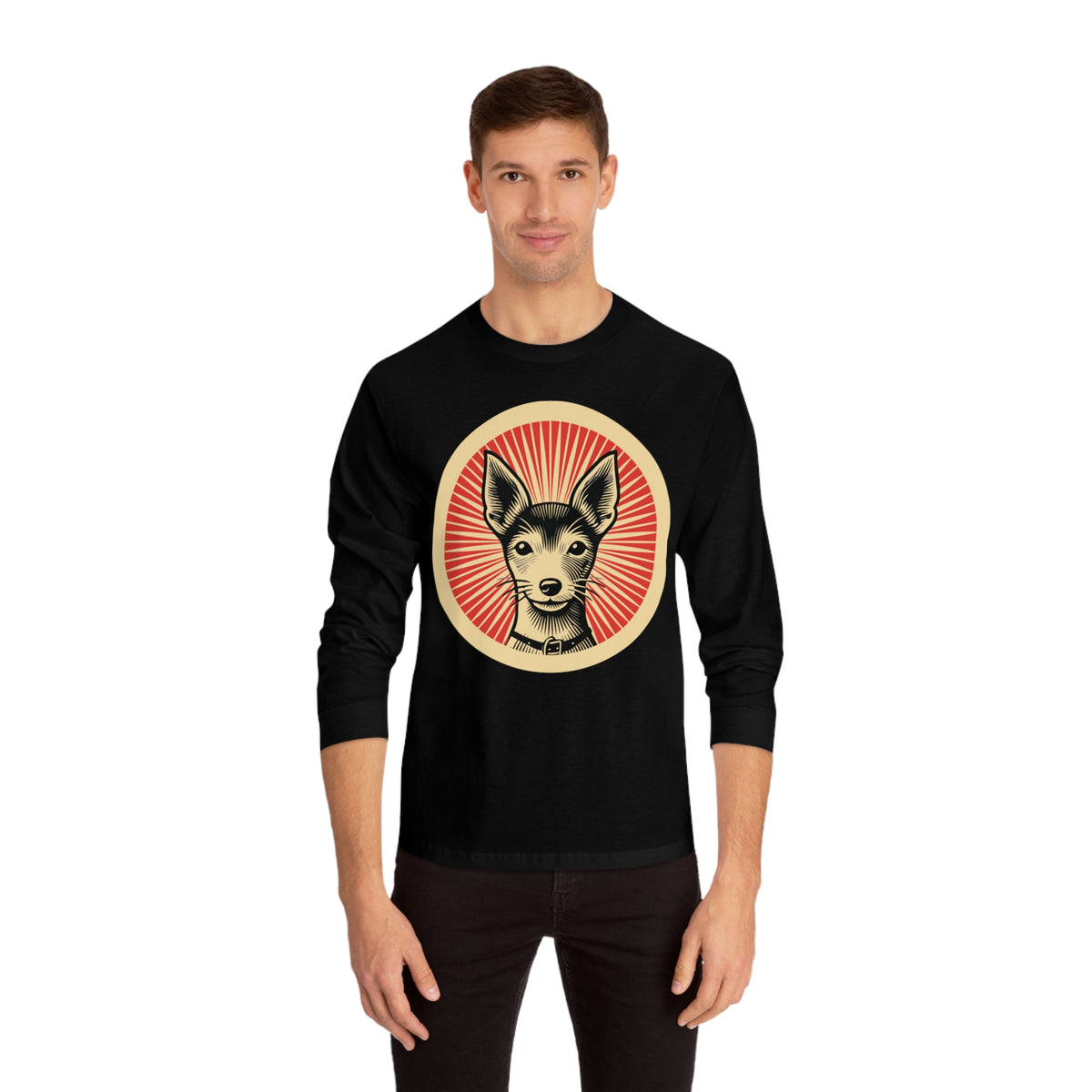 Toy Fox Terrier badge art in a ring of red rays on a long-sleeve tee