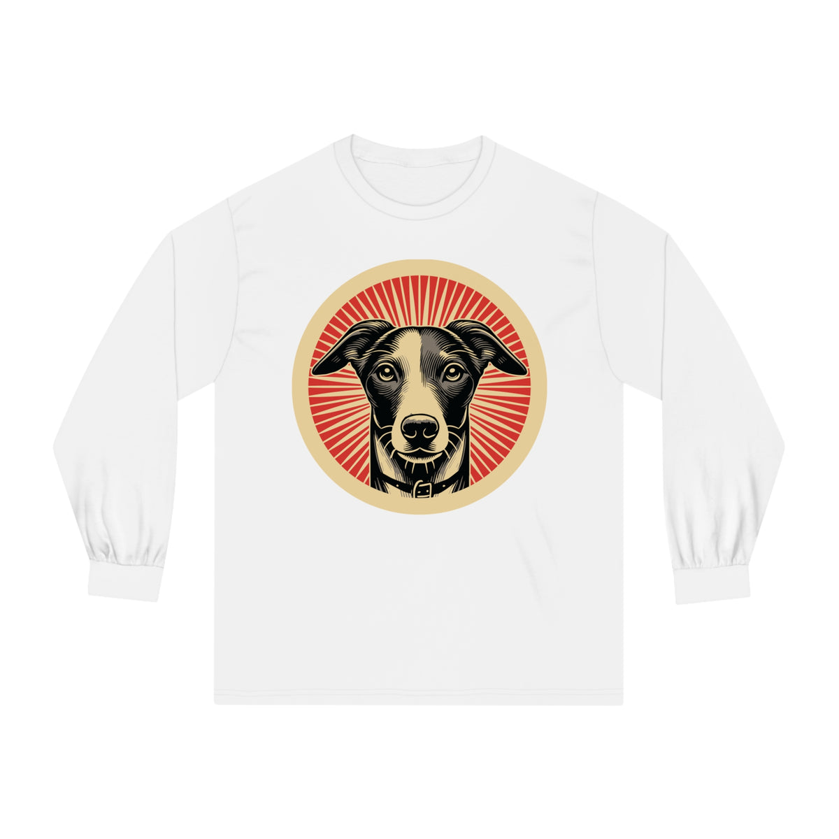 Whippet badge art in a ring of red rays on a long-sleeve tee