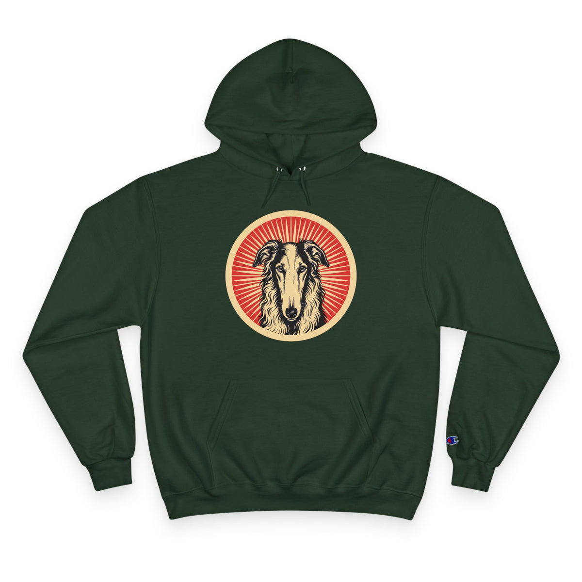 Borzoi badge art in a ring of red rays on a champion hoodie