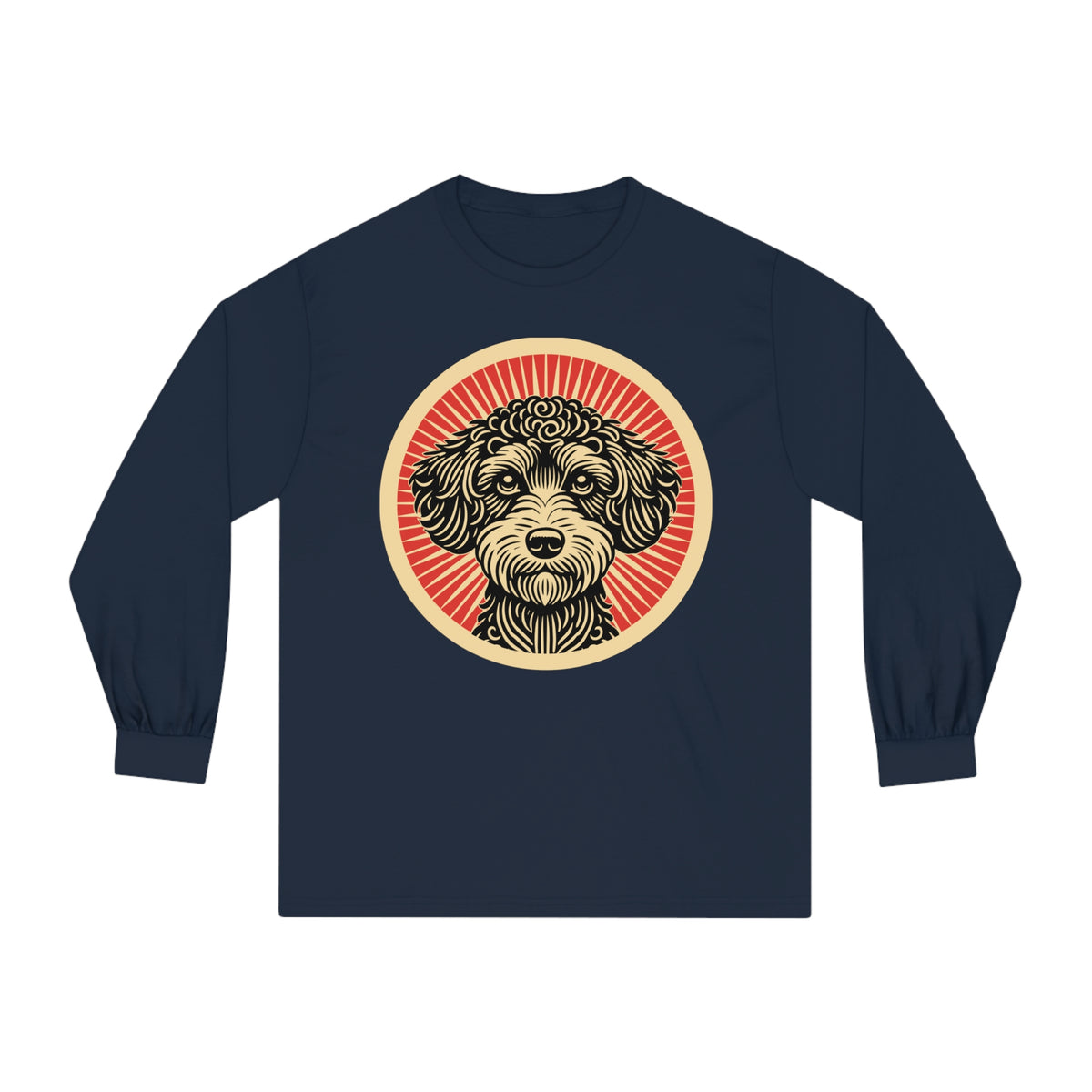 Schnoodle badge art in a ring of red rays on a long-sleeve tee