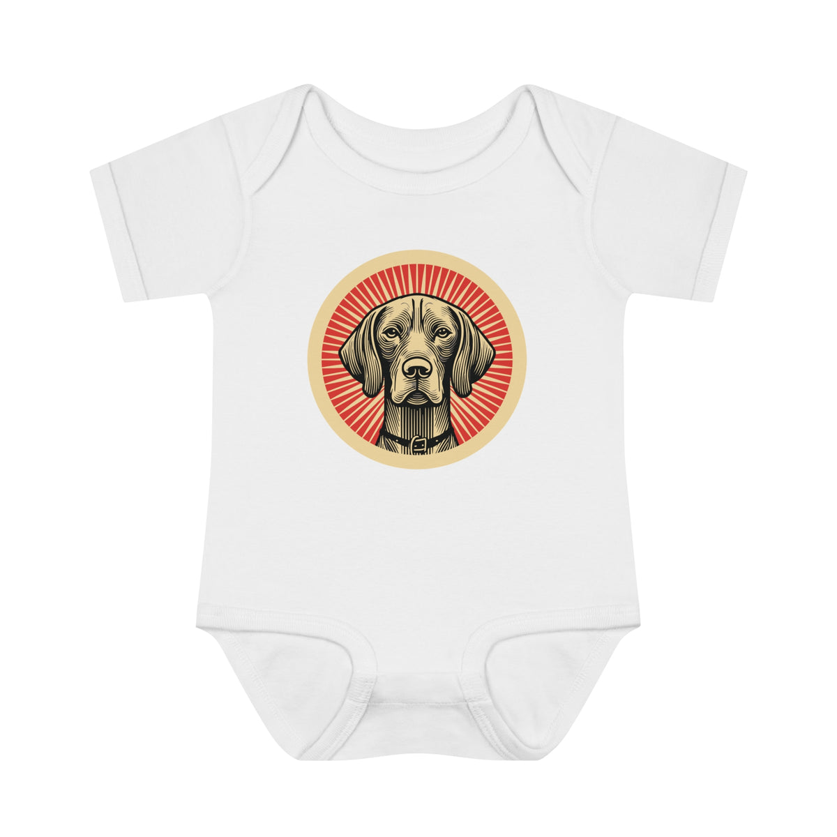 Vizsla badge art in a ring of red rays on a baby bodysuit