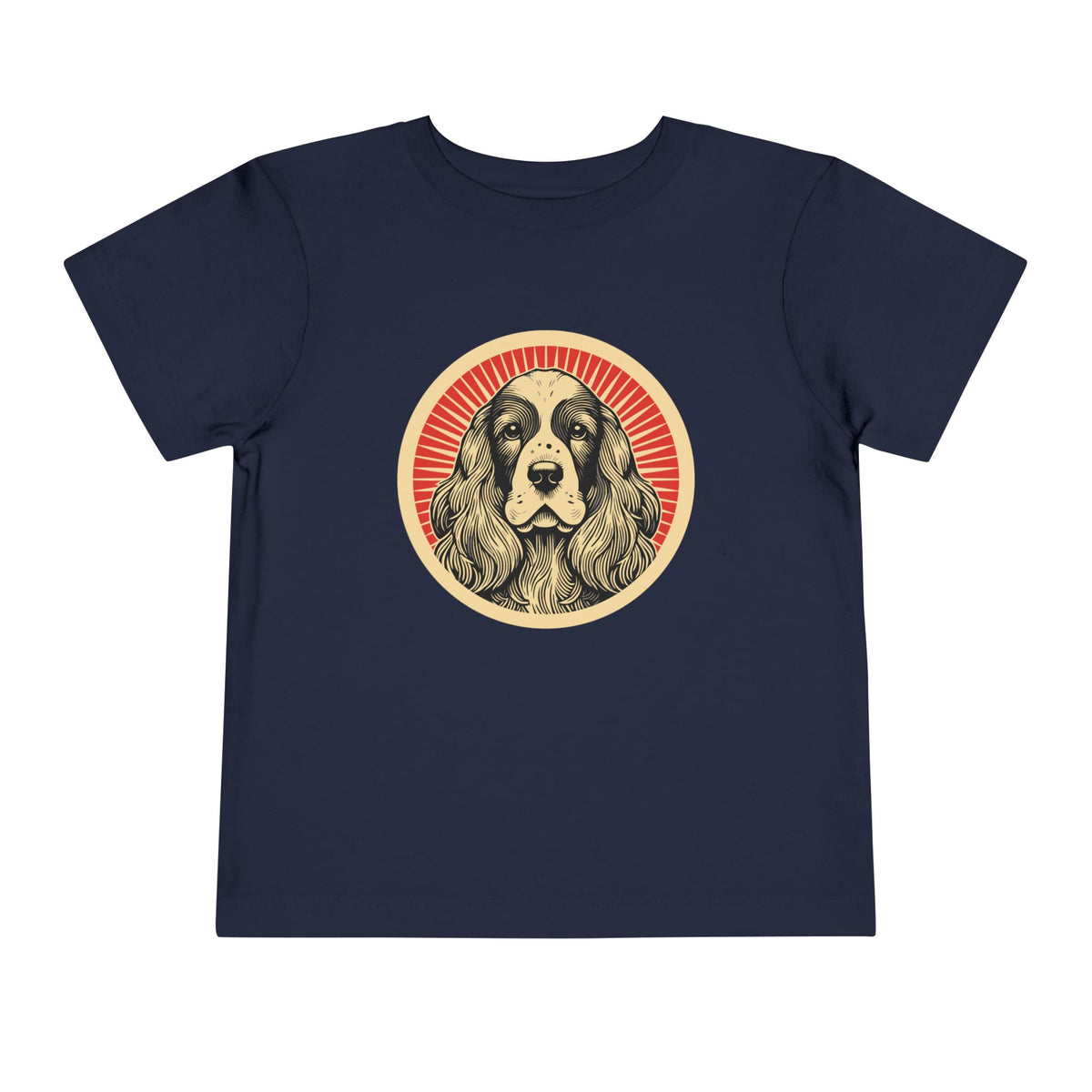 English Cocker Spaniel badge art in a ring of red rays on a toddler tee