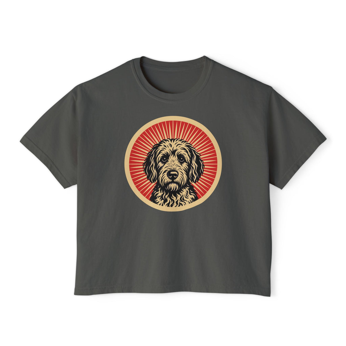 Labradoodle badge art in a ring of red rays on a boxy tee