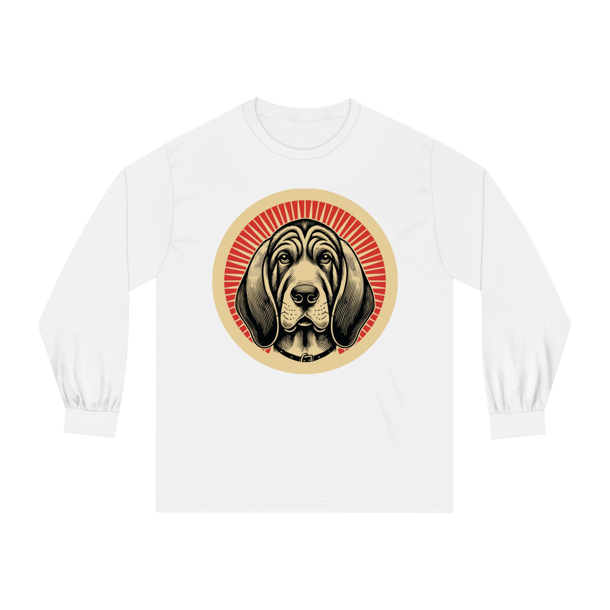 Bloodhound badge art in a ring of red rays on a long-sleeve tee