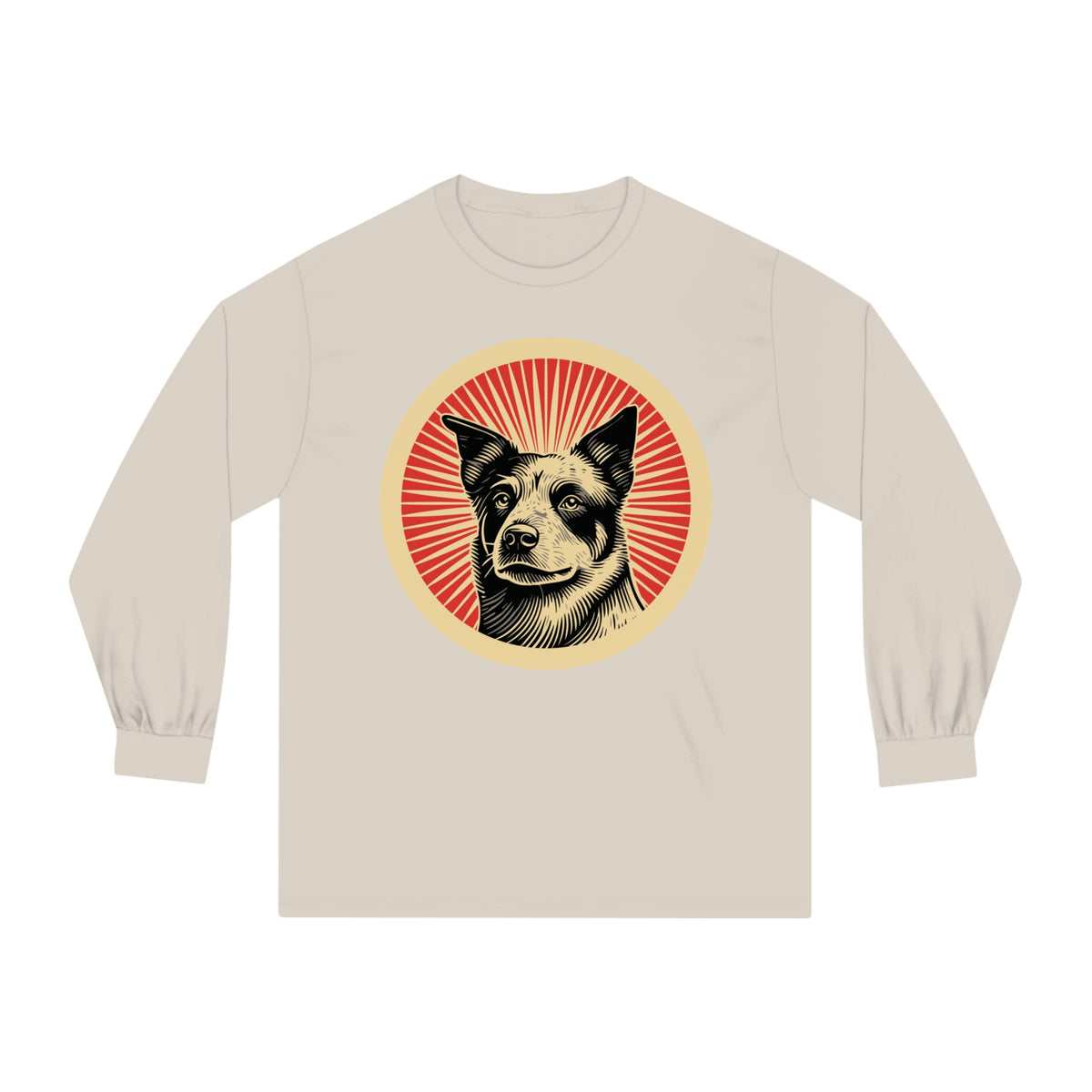 Australian Cattle Dog badge art in a ring of red rays on a long-sleeve tee