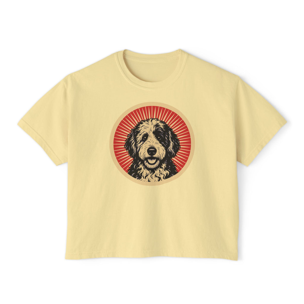 Sheepadoodle badge art in a ring of red rays on a boxy tee