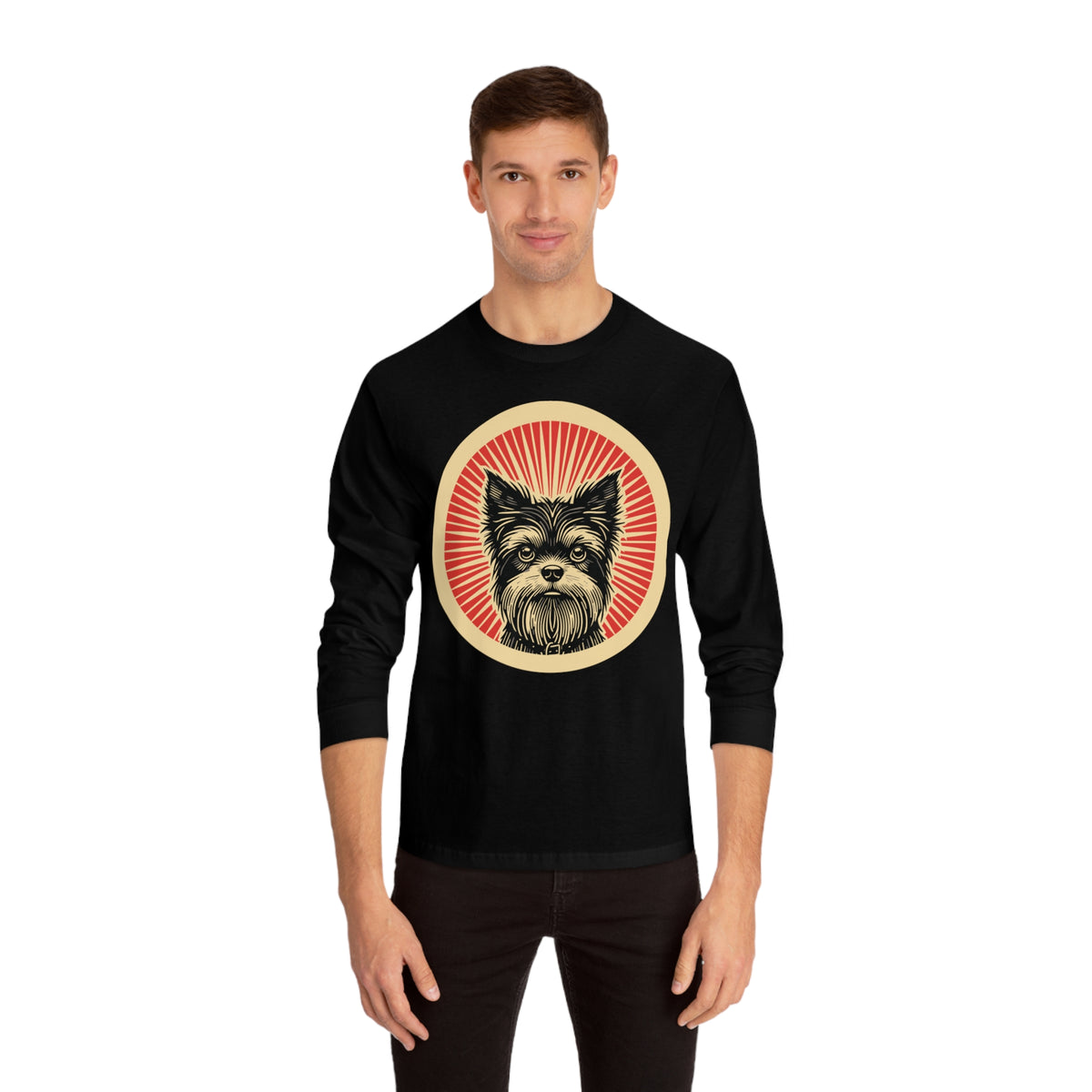 Affenpinscher badge art in a ring of red rays on a long-sleeve tee