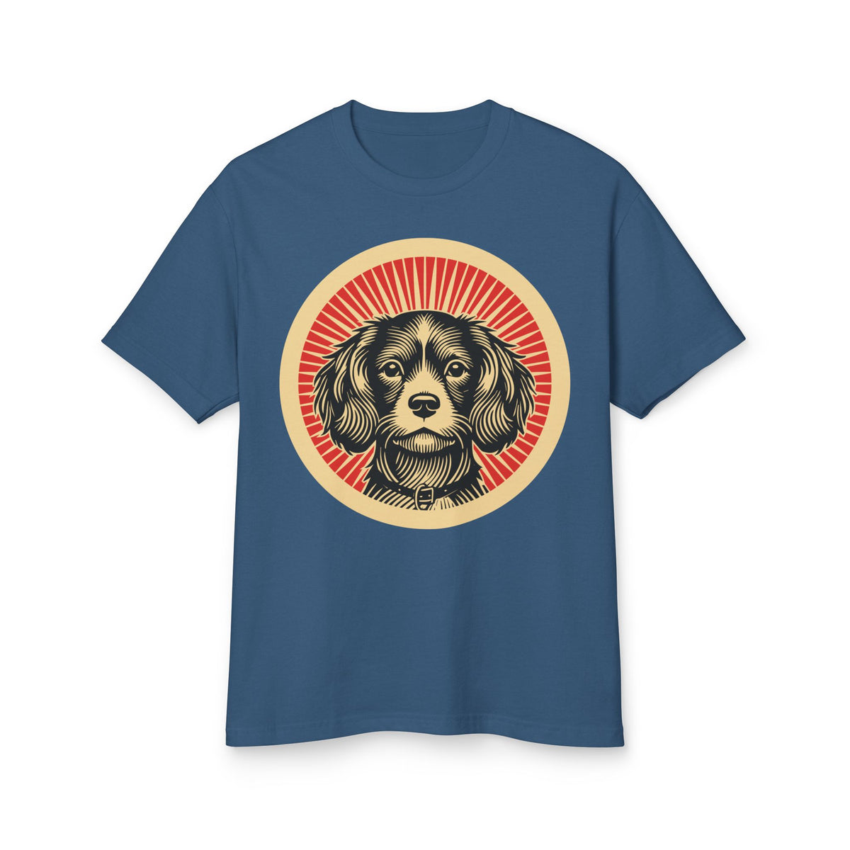 Cavachon badge art in a ring of red rays on a heavyweight tee