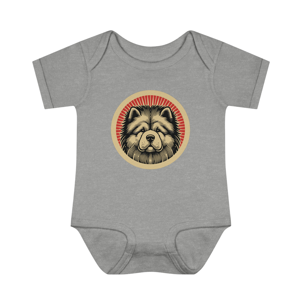 Chow Chow badge art in a ring of red rays on a baby bodysuit