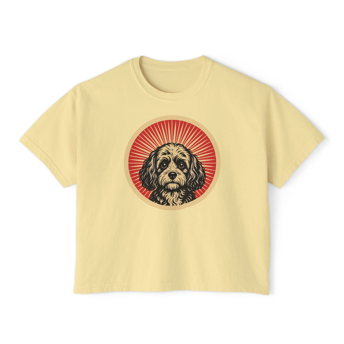 Cavapoo badge art in a ring of red rays on a boxy tee