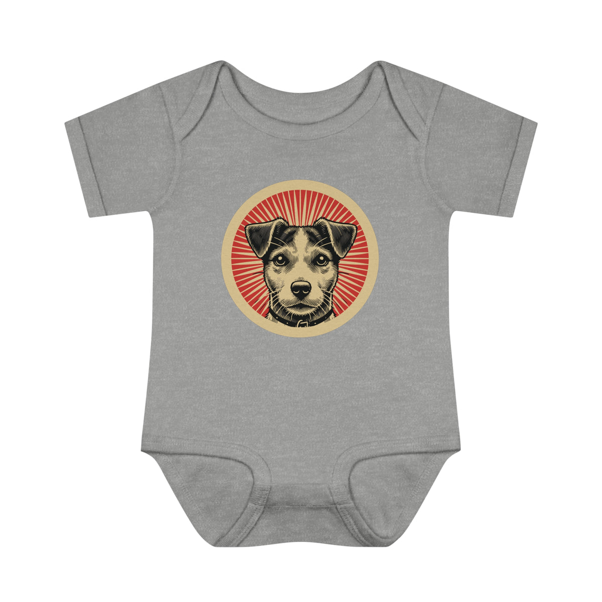 Jack Russell Terrier badge art in a ring of red rays on a baby bodysuit