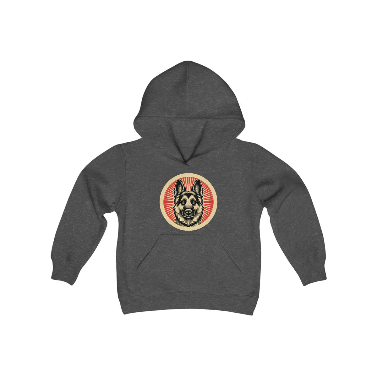 German Shepherd badge art in a ring of red rays on a kids' hoodie