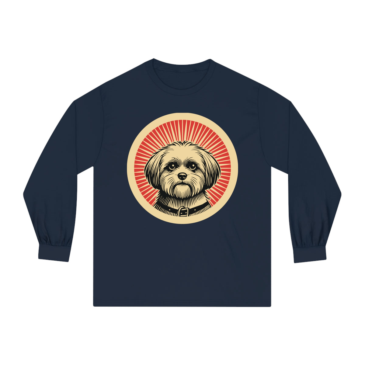Shihpoo badge art in a ring of red rays on a long-sleeve tee