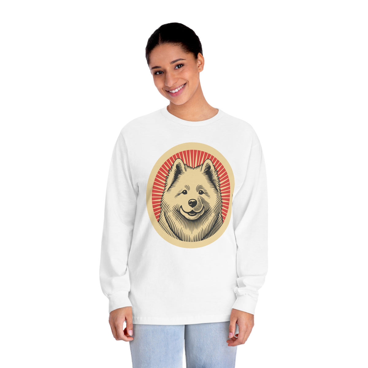 Samoyed badge art in a ring of red rays on a long-sleeve tee
