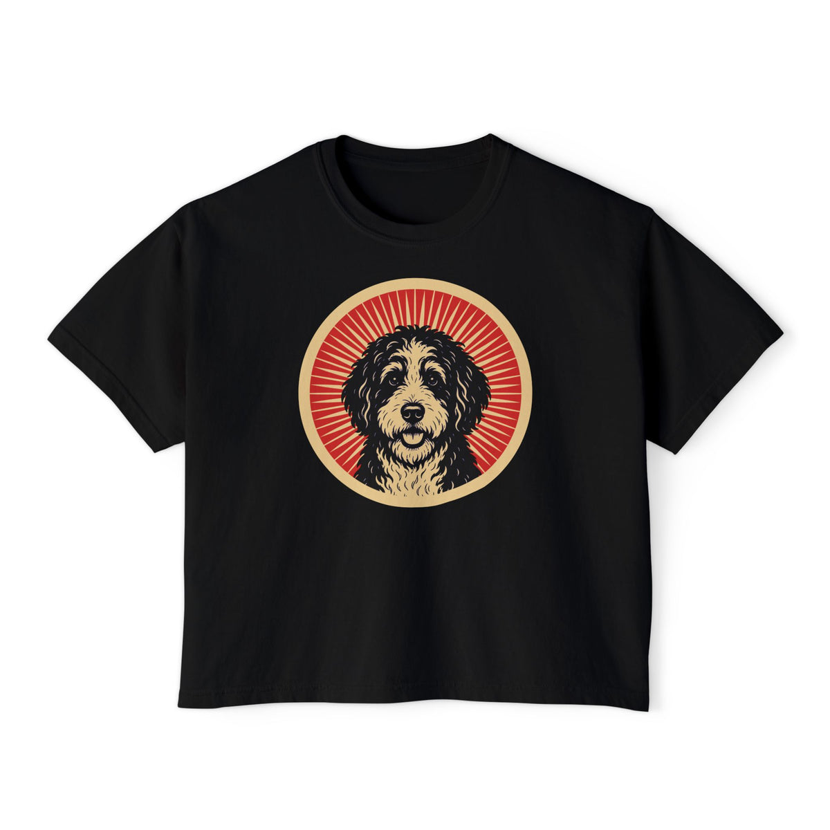 Bernedoodle badge art in a ring of red rays on a boxy tee
