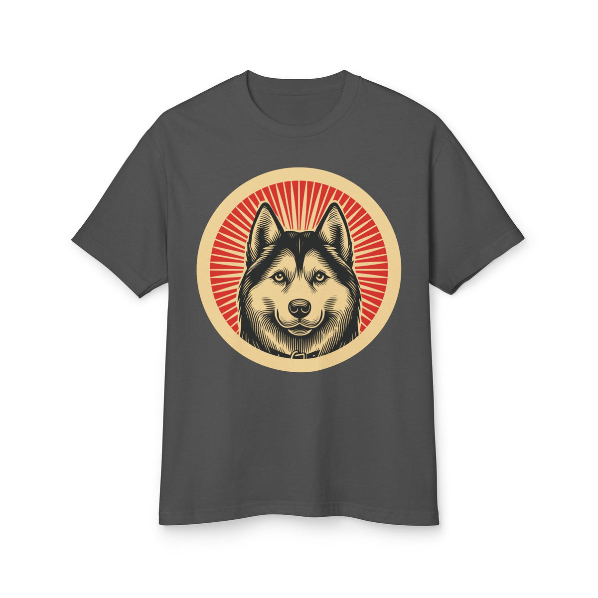 Siberian Husky badge art in a ring of red rays on a heavyweight tee
