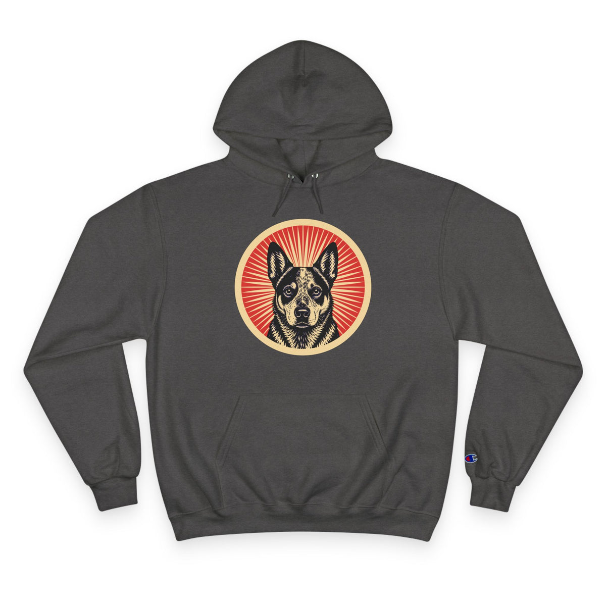 Australian Cattle Dog badge art in a ring of red rays on a champion hoodie
