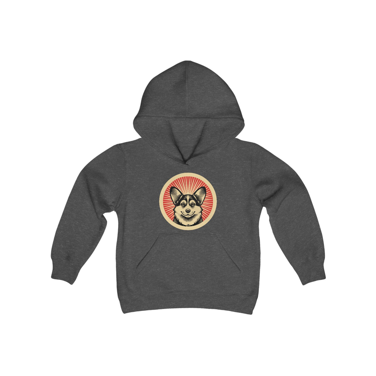 Pembroke Welsh Corgi badge art in a ring of red rays on a kids' hoodie