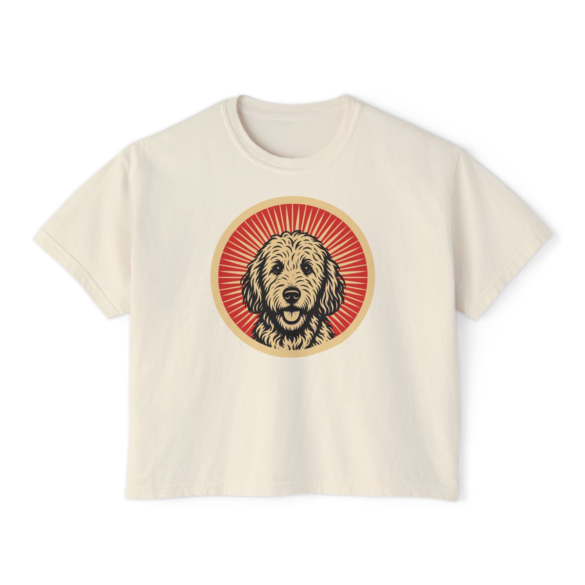 Goldendoodle badge art in a ring of red rays on a boxy tee