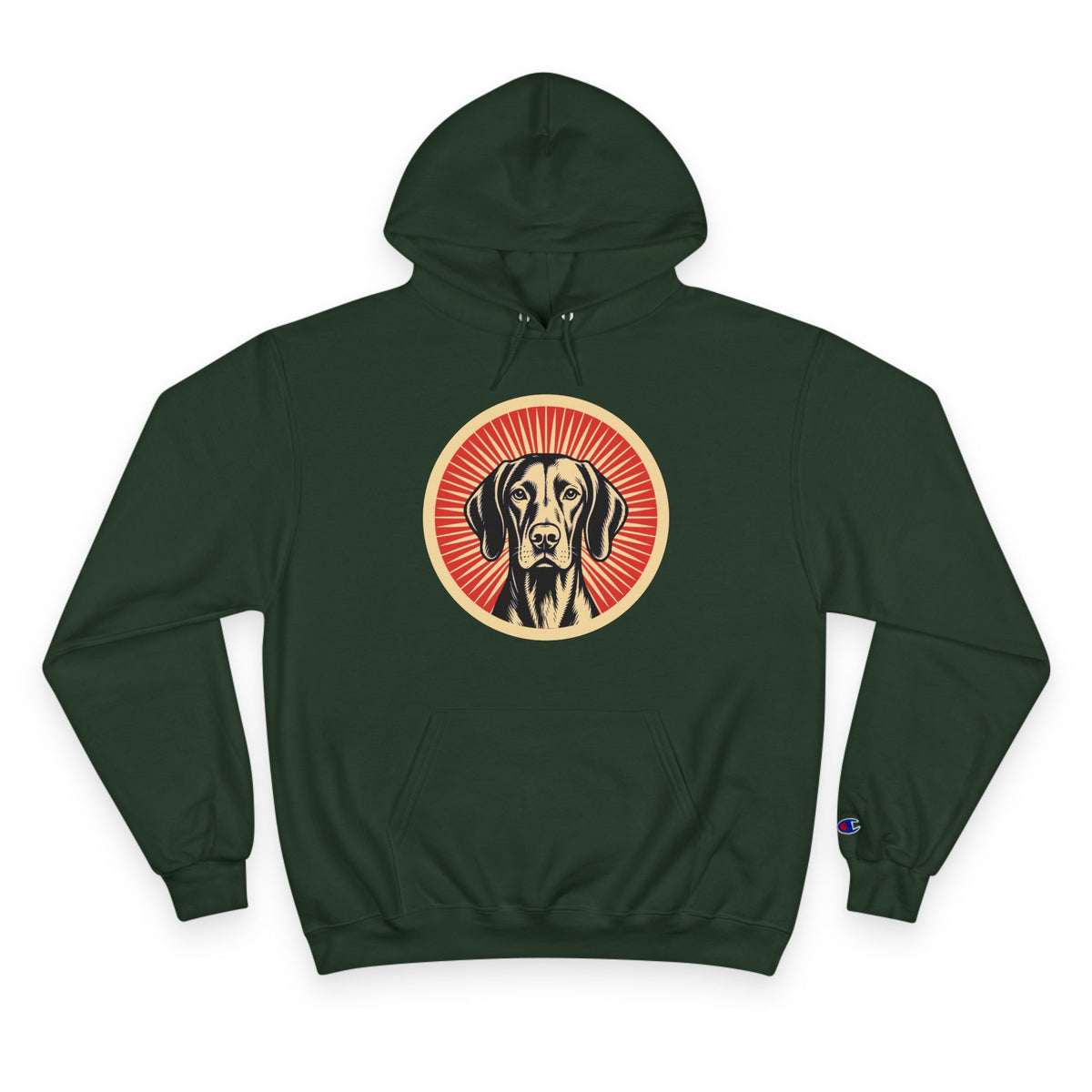 Vizsla badge art in a ring of red rays on a champion hoodie
