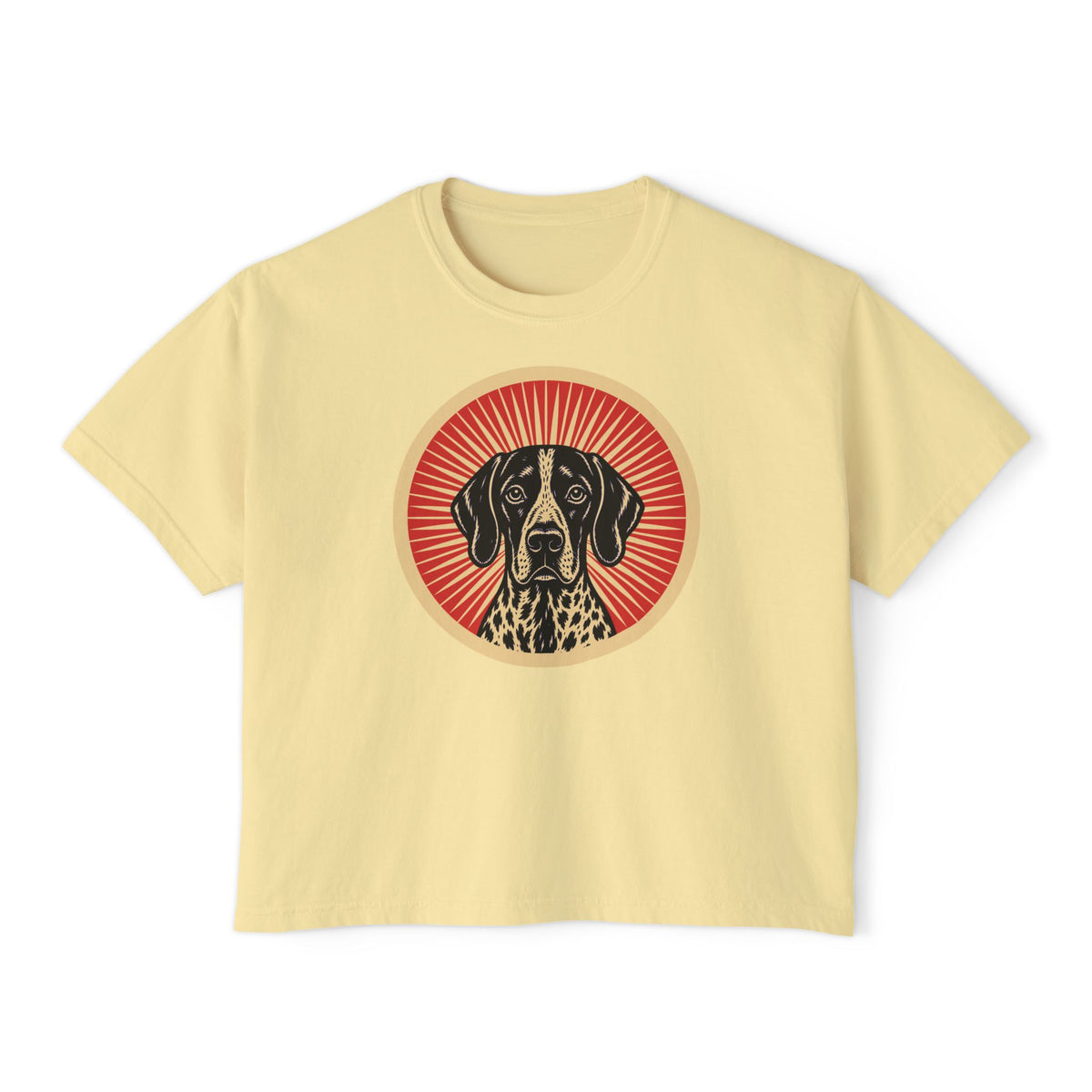 German Shorthaired Pointer badge art in a ring of red rays on a boxy tee