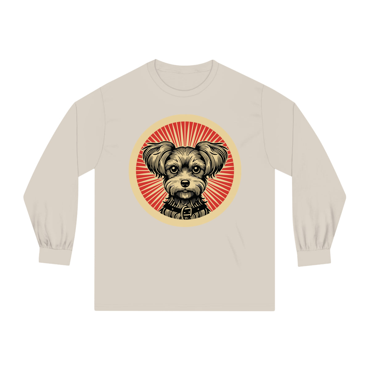 Yorkipoo badge art in a ring of red rays on a long-sleeve tee