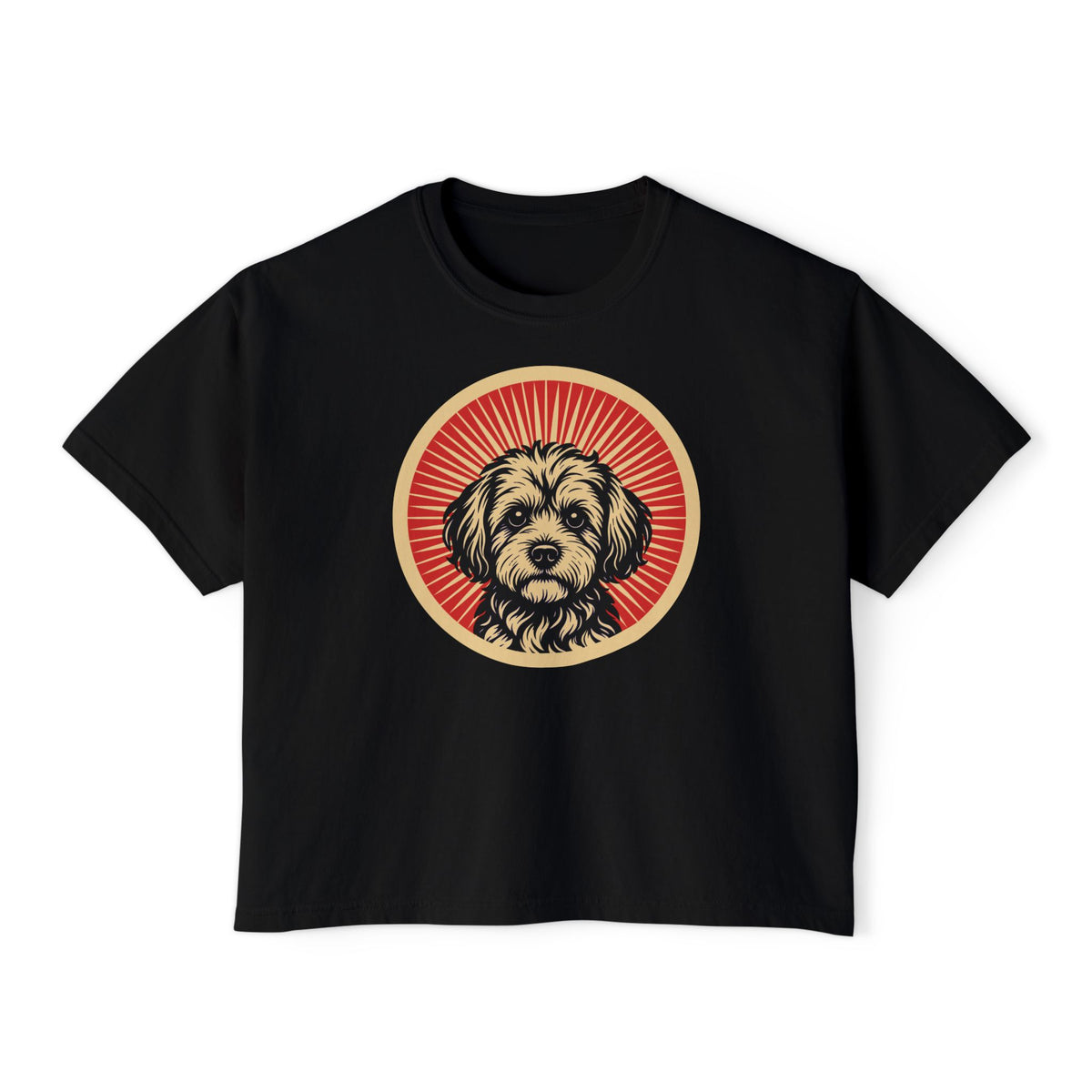 Yorkipoo badge art in a ring of red rays on a boxy tee