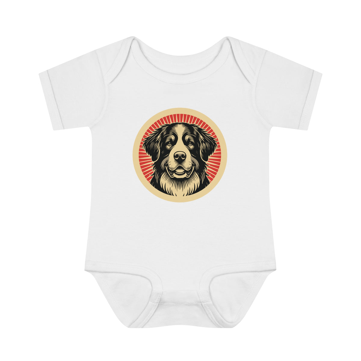 Bernese Mountain Dog badge art in a ring of red rays on a baby bodysuit