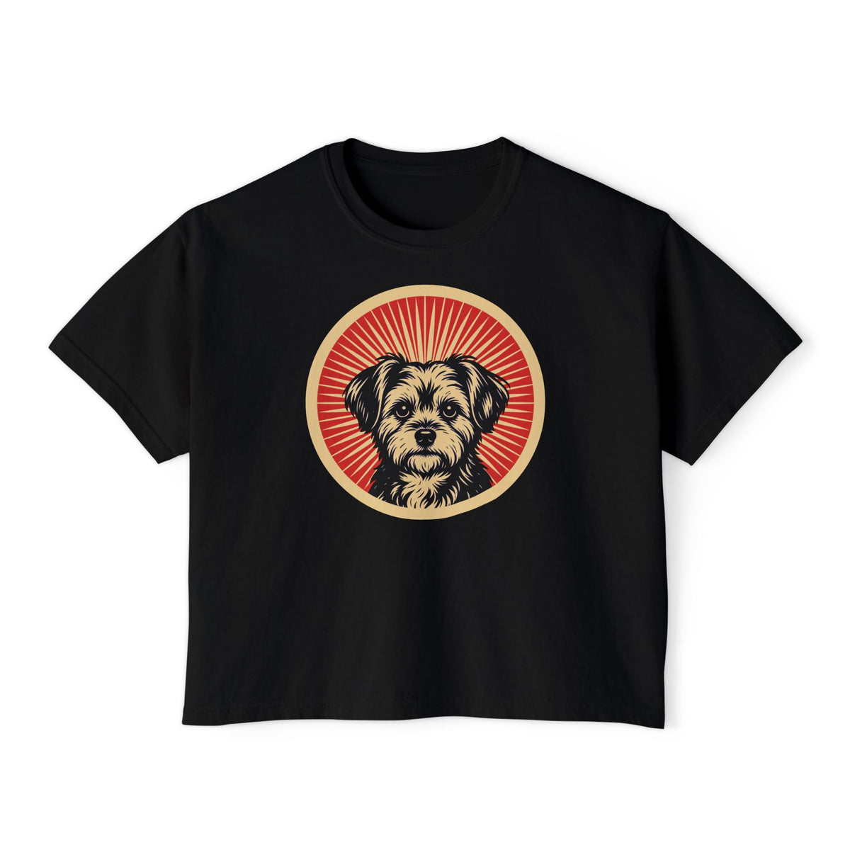 Shorkie badge art in a ring of red rays on a boxy tee