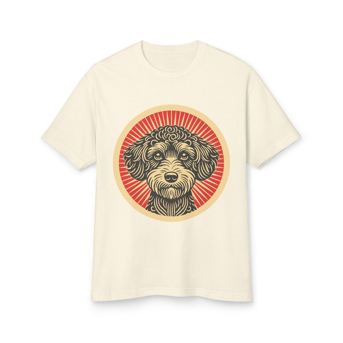 Schnoodle badge art in a ring of red rays on a heavyweight tee