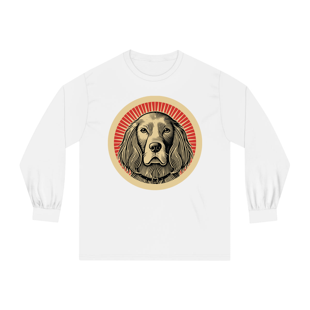 English Setter badge art in a ring of red rays on a long-sleeve tee