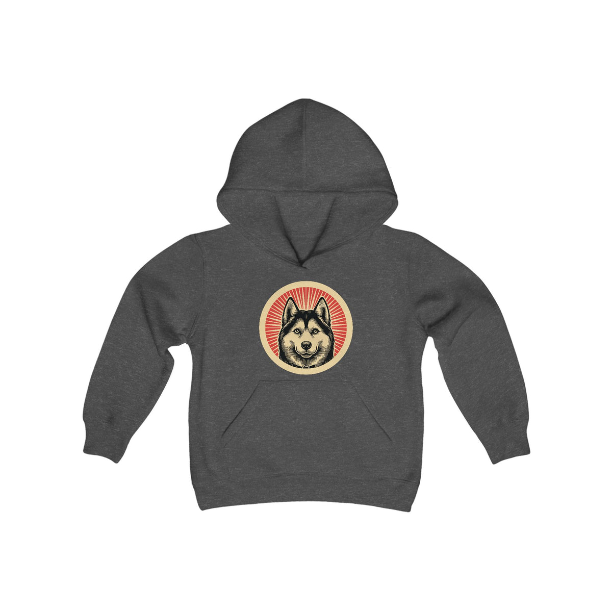 Siberian Husky badge art in a ring of red rays on a kids' hoodie