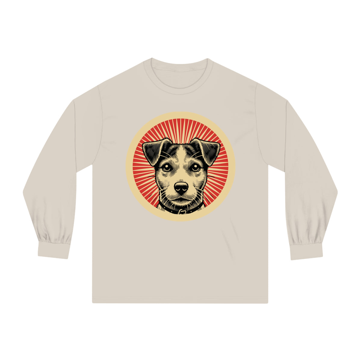 Jack Russell Terrier badge art in a ring of red rays on a long-sleeve tee