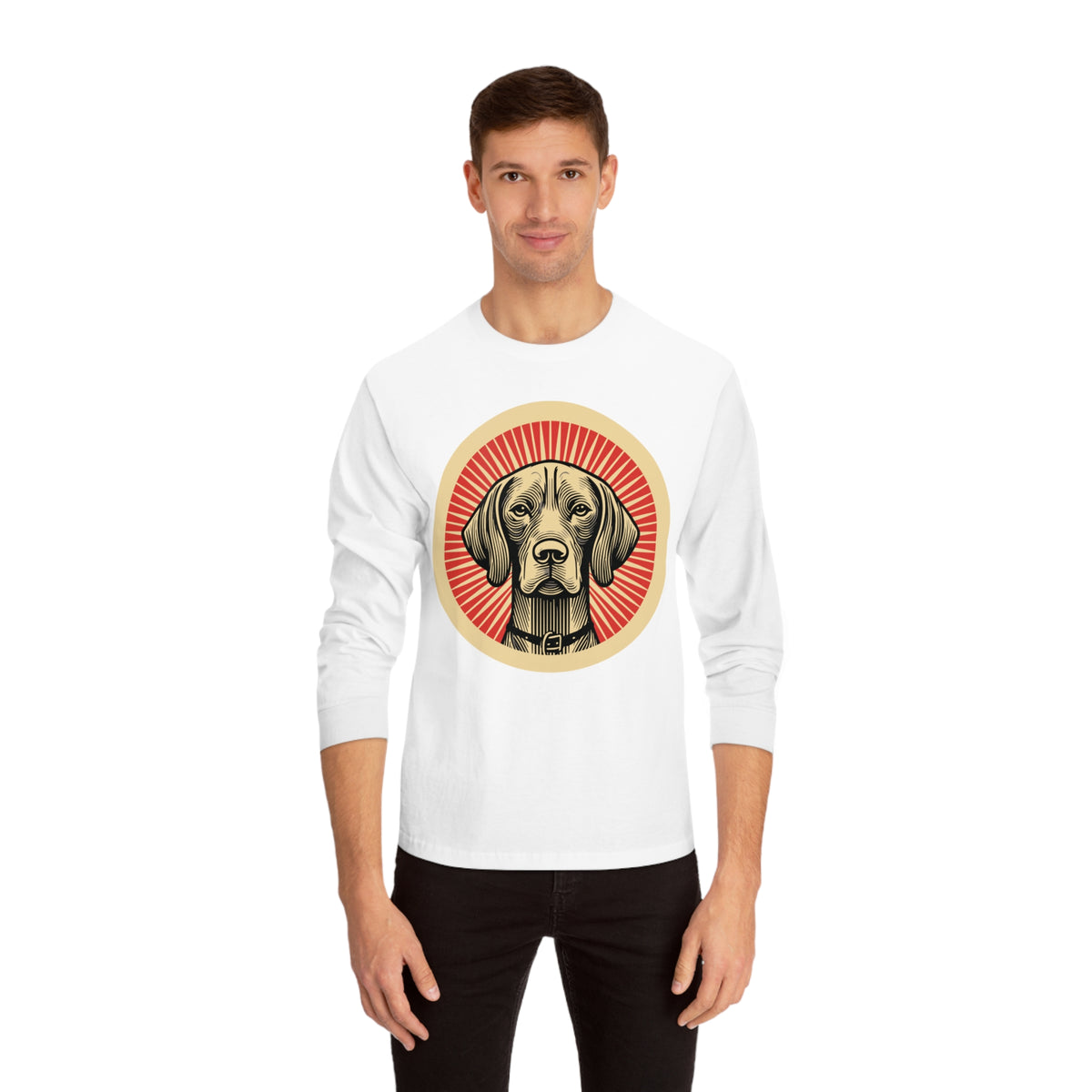 Vizsla badge art in a ring of red rays on a long-sleeve tee