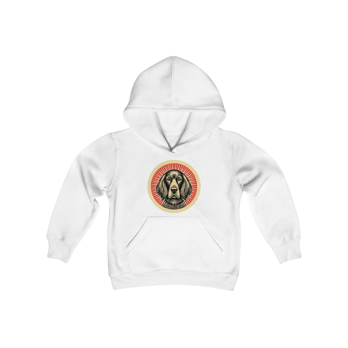 Irish Setter badge art in a ring of red rays on a kids' hoodie
