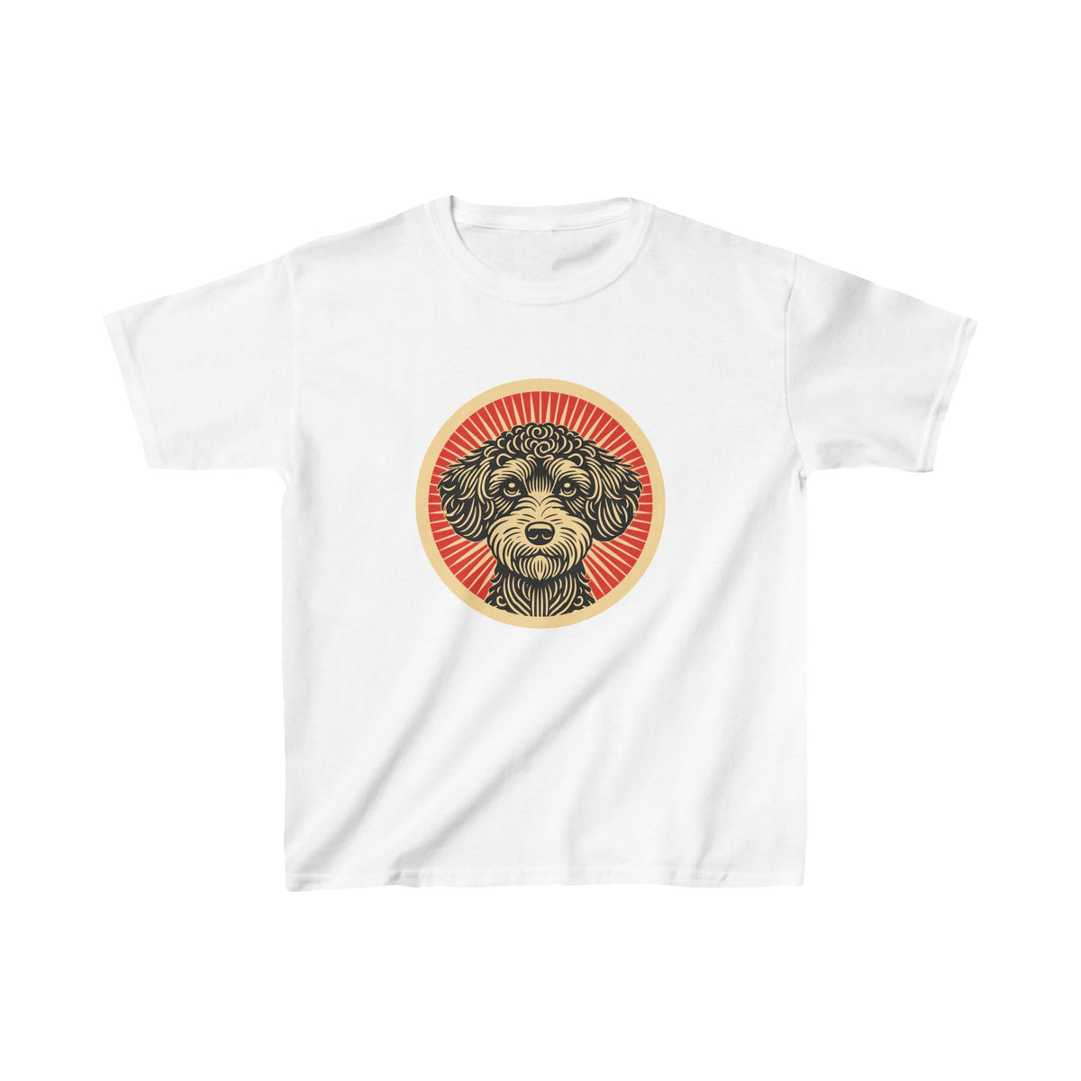 Schnoodle badge art in a ring of red rays on a kids' tee