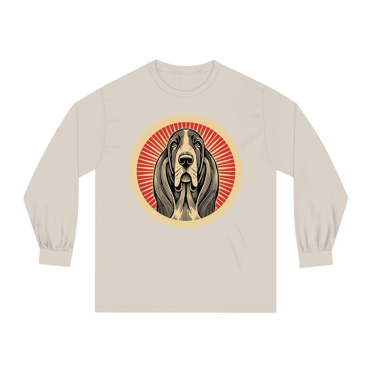 Basset Hound badge art in a ring of red rays on a long-sleeve tee