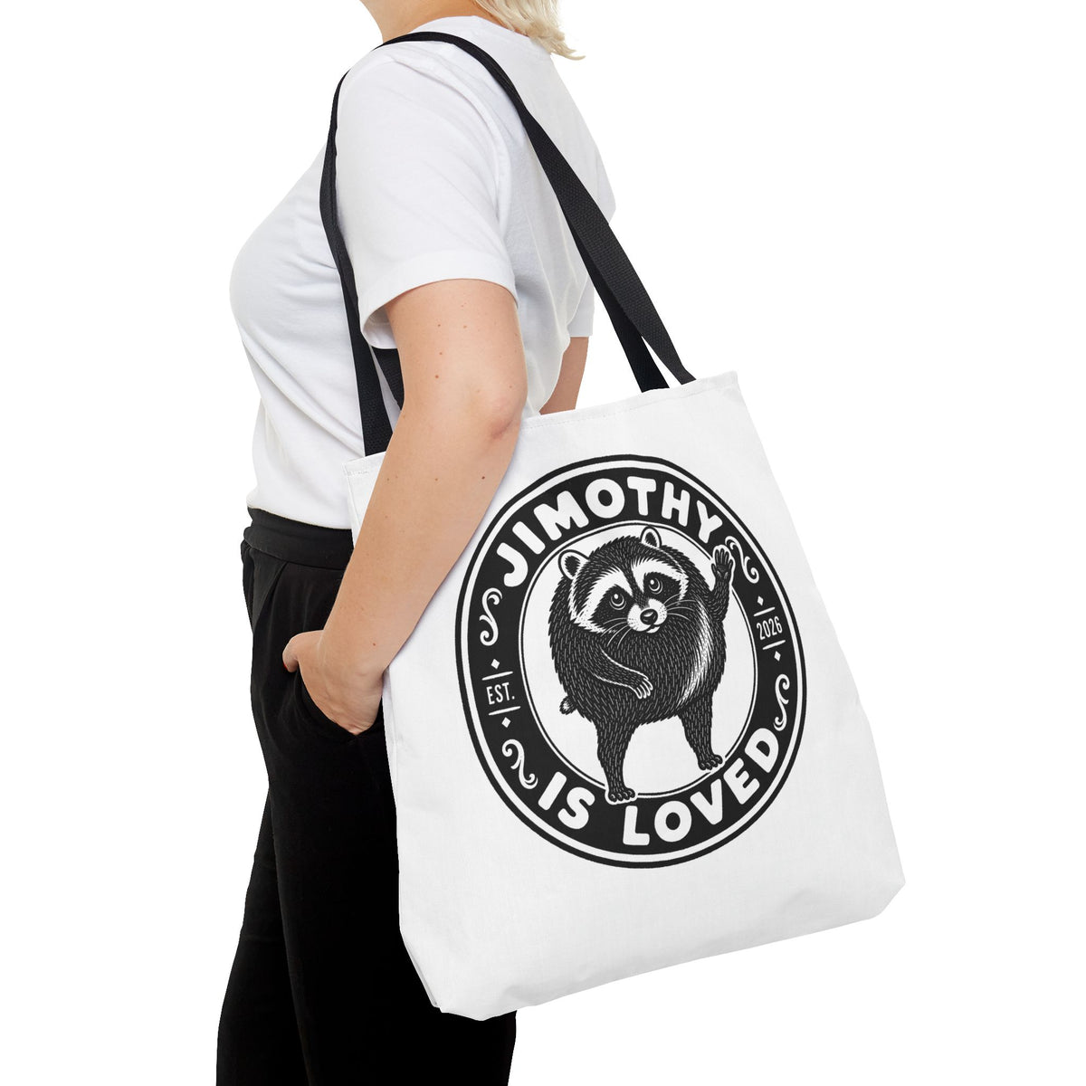 Personalized Raccoon Tote — "Jimothy Is Loved" Graphic Tote Bag