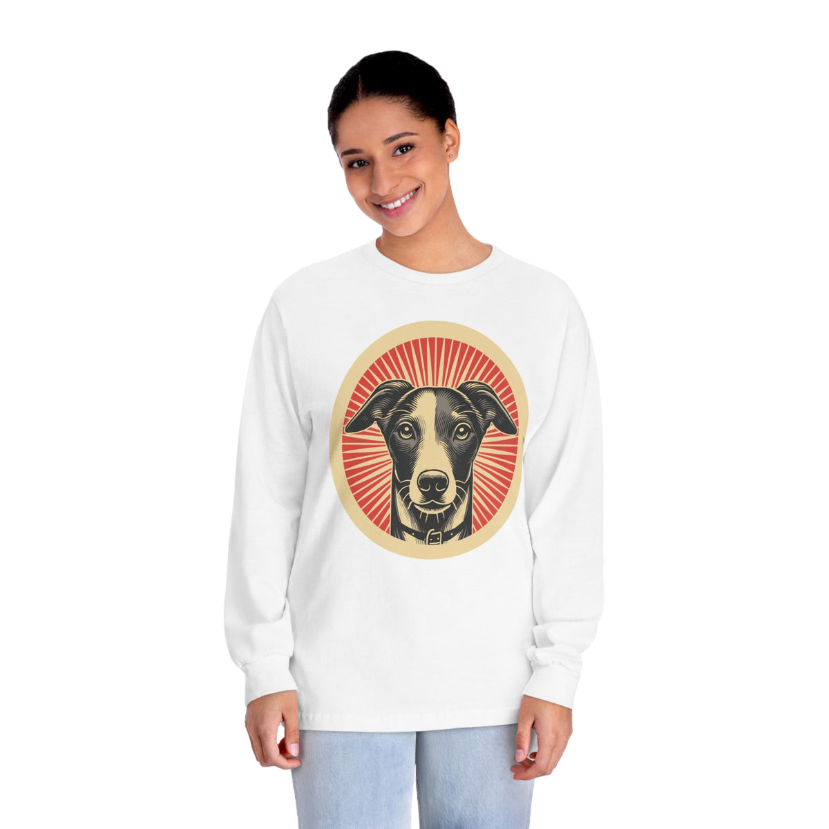 Whippet badge art in a ring of red rays on a long-sleeve tee