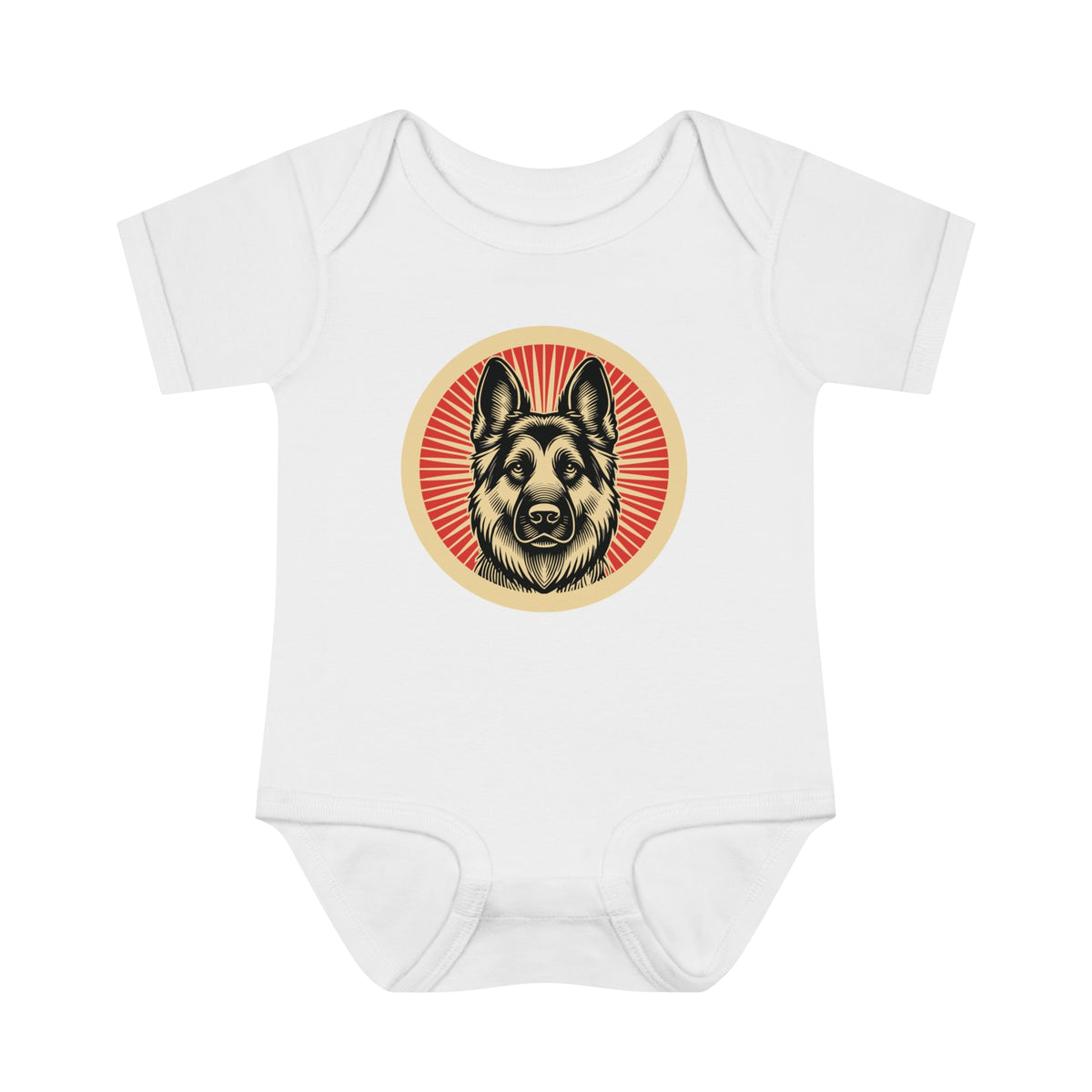 German Shepherd badge art in a ring of red rays on a baby bodysuit