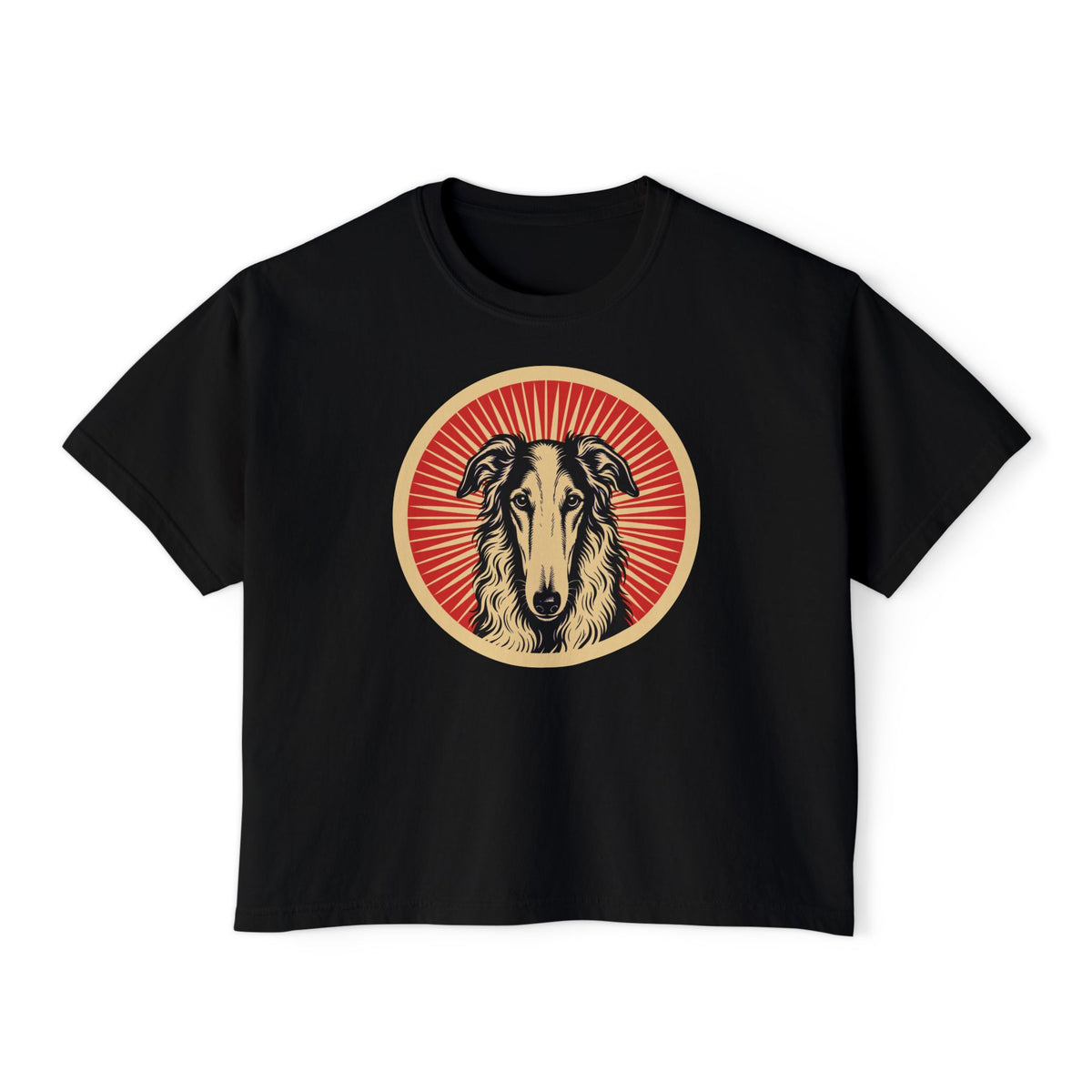 Borzoi badge art in a ring of red rays on a boxy tee