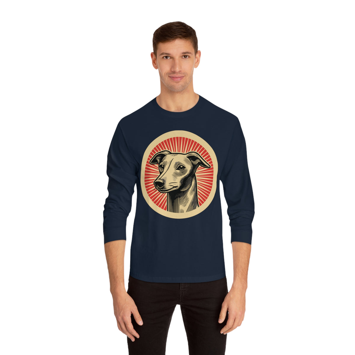 Italian Greyhound badge art in a ring of red rays on a long-sleeve tee