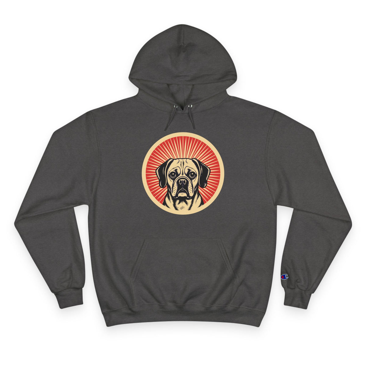 Puggle badge art in a ring of red rays on a champion hoodie