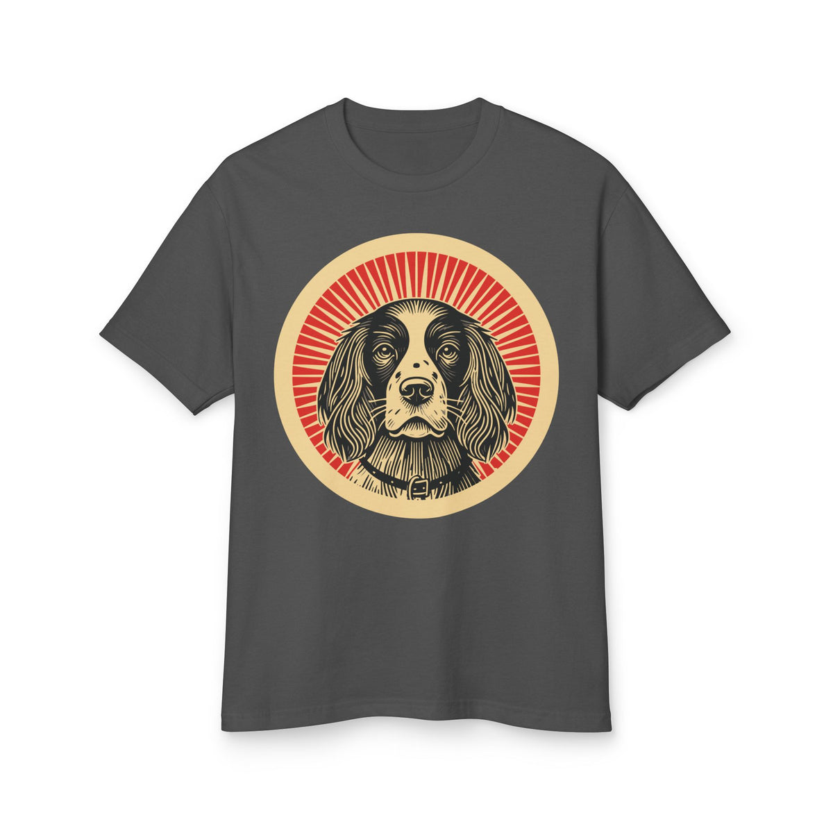 English Springer Spaniel badge art in a ring of red rays on a heavyweight tee
