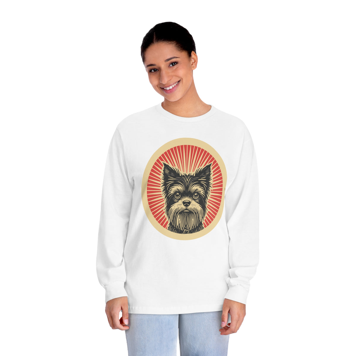 Affenpinscher badge art in a ring of red rays on a long-sleeve tee