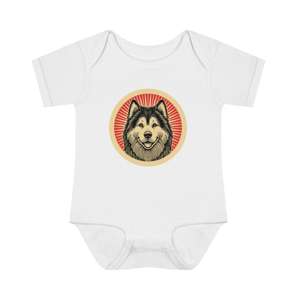 Alaskan Malamute badge art in a ring of red rays on a baby bodysuit