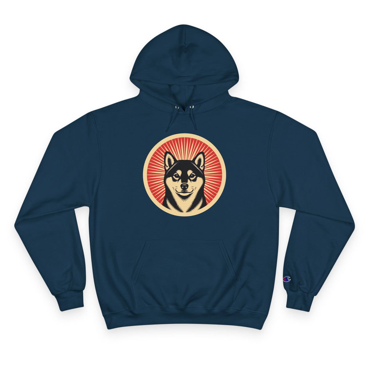 Shiba Inu badge art in a ring of red rays on a champion hoodie