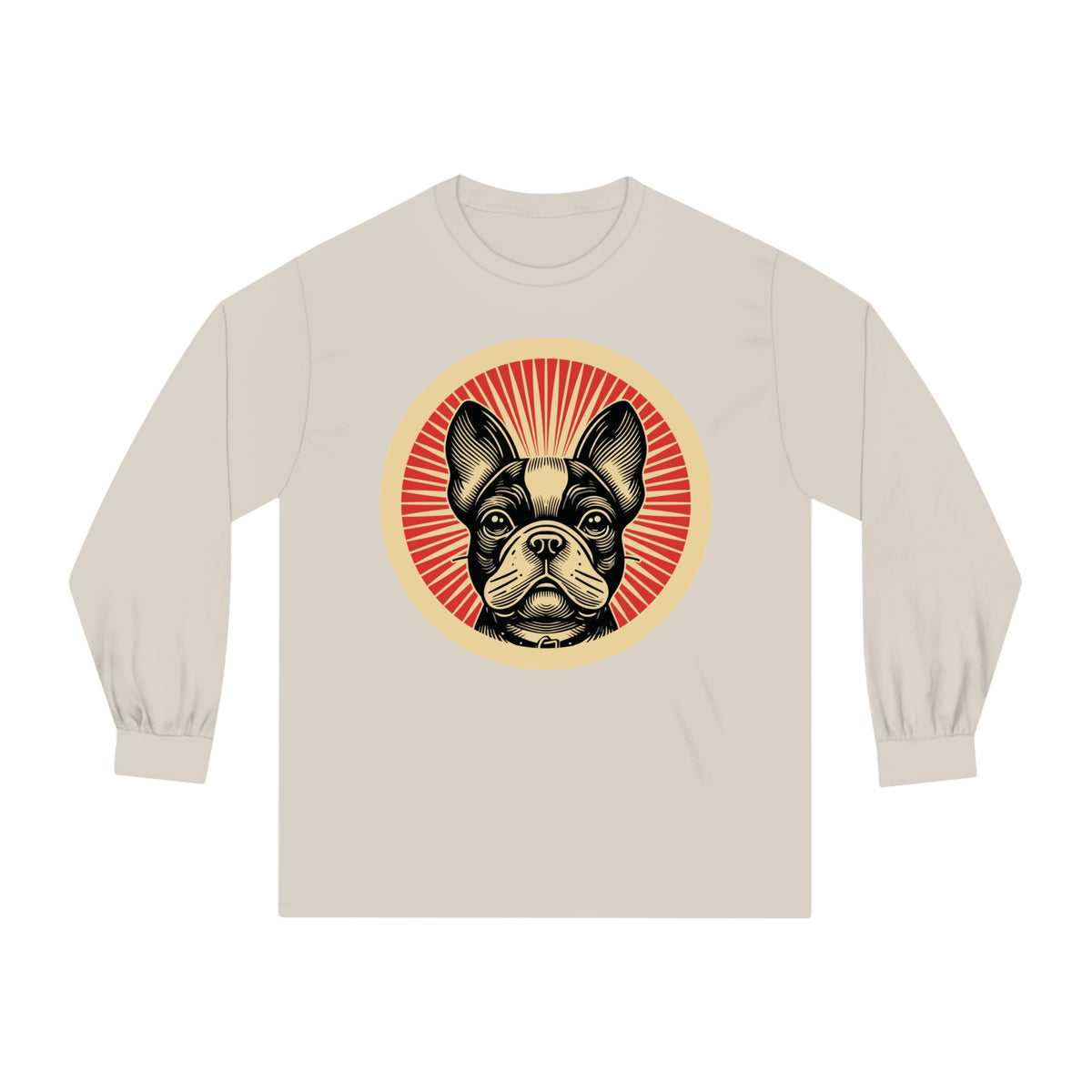 French Bulldog badge art in a ring of red rays on a long-sleeve tee