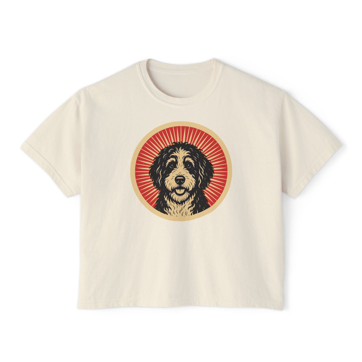 Bernedoodle badge art in a ring of red rays on a boxy tee