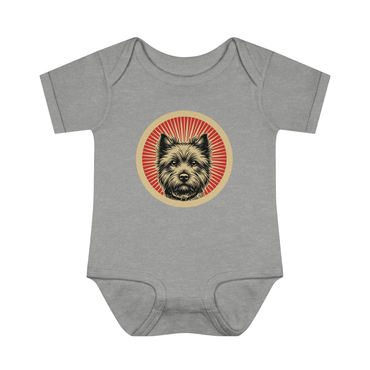 Cairn Terrier badge art in a ring of red rays on a baby bodysuit